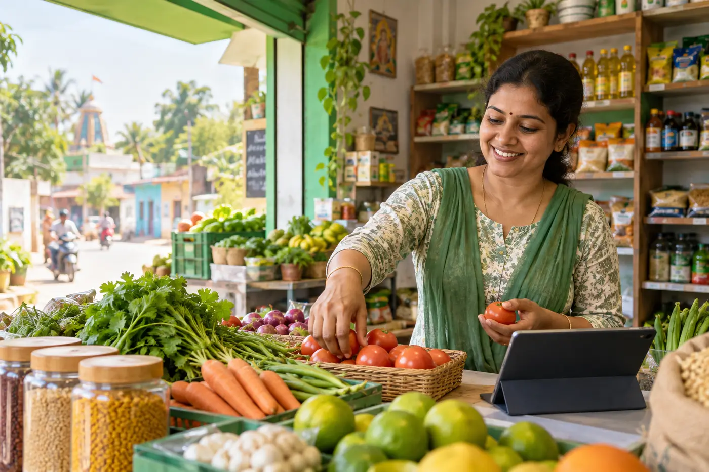 Local store owner arranging fresh produce